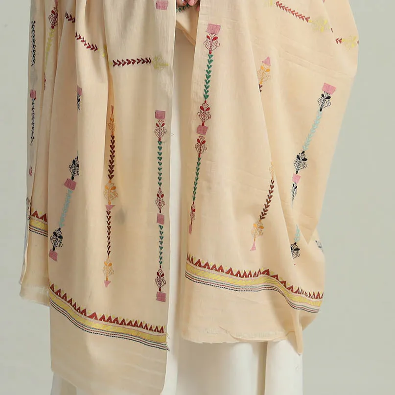 Beige - Bengal Kantha Embroidery Silk Cotton Dupatta 05