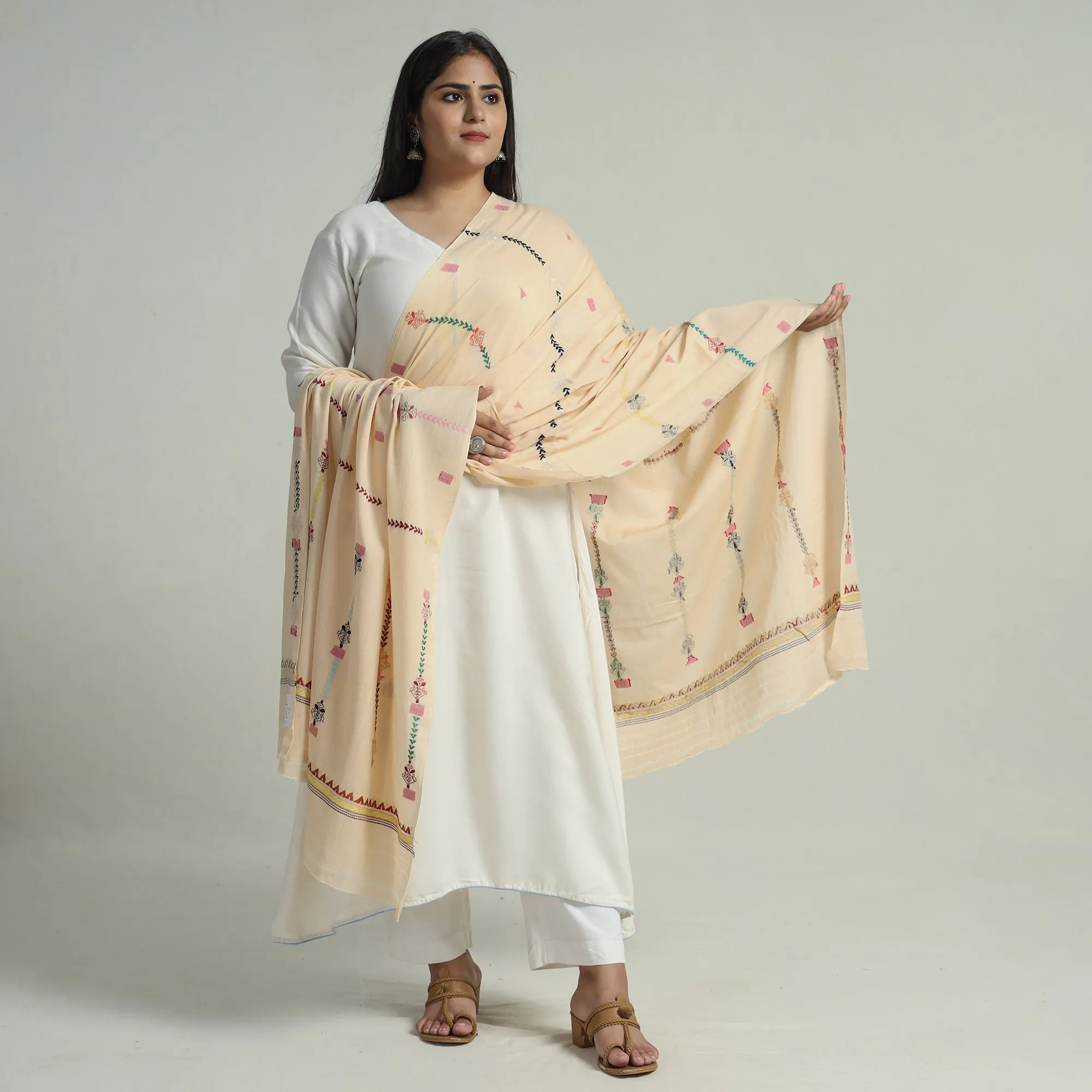 Beige - Bengal Kantha Embroidery Silk Cotton Dupatta 05