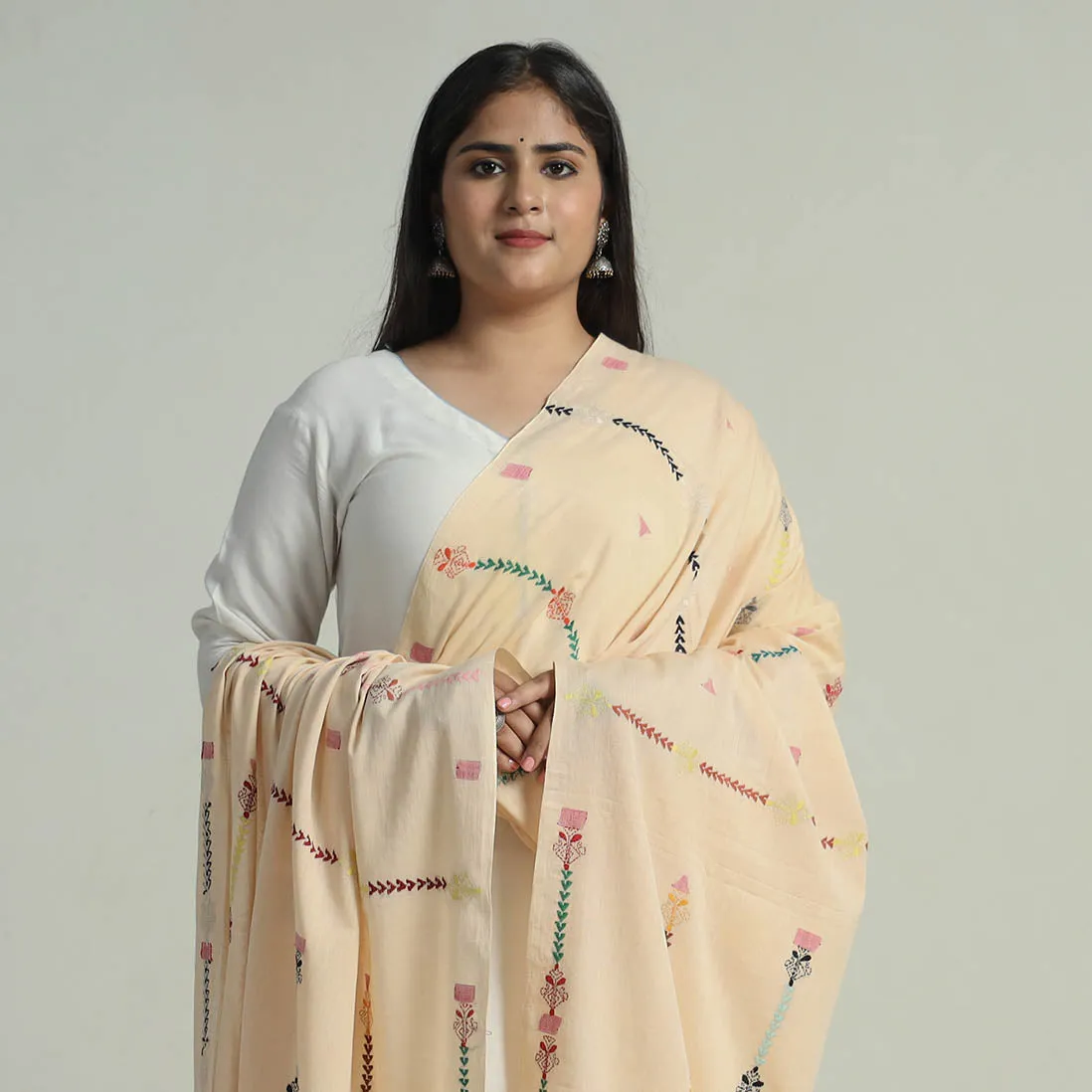 Beige - Bengal Kantha Embroidery Silk Cotton Dupatta 05