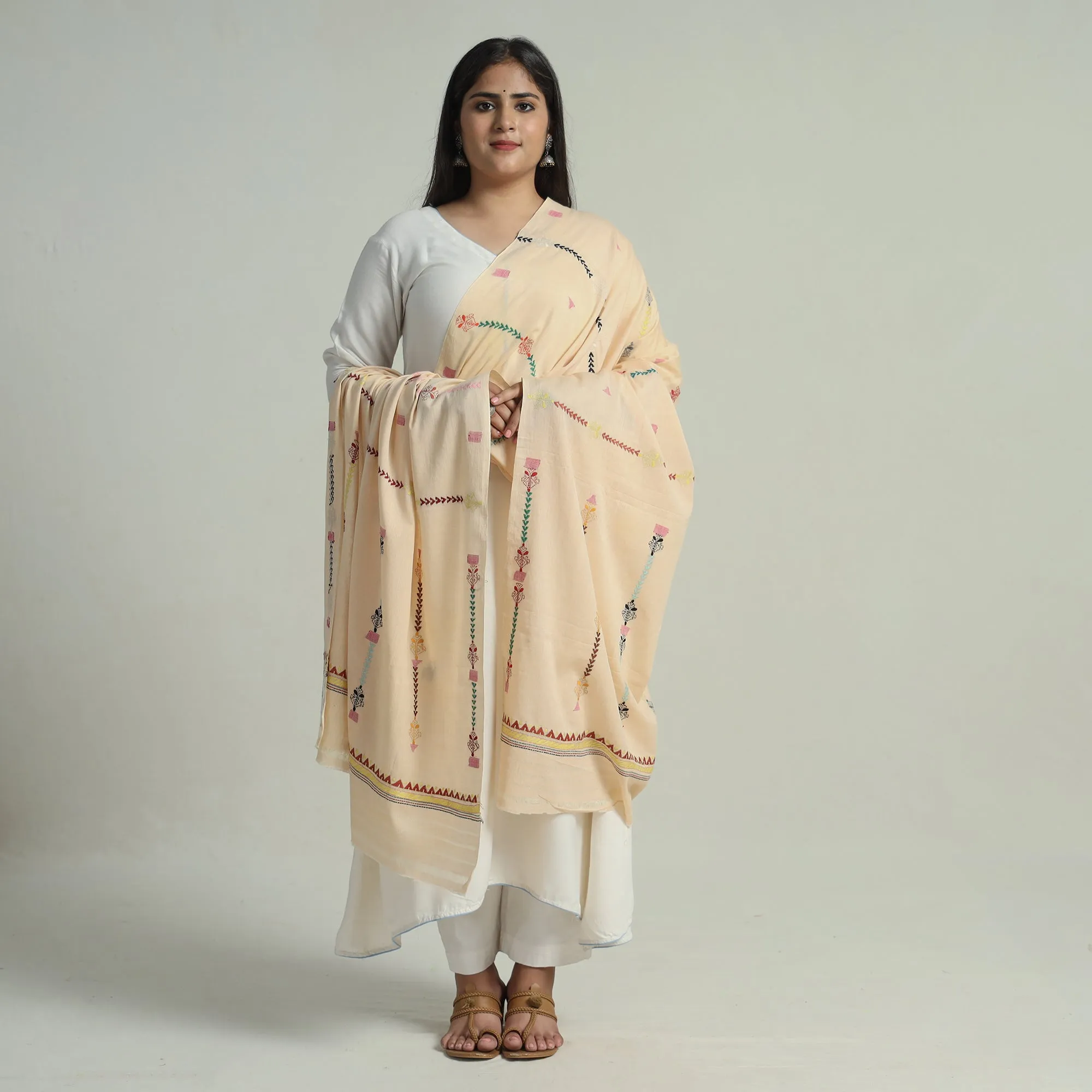 Beige - Bengal Kantha Embroidery Silk Cotton Dupatta 05