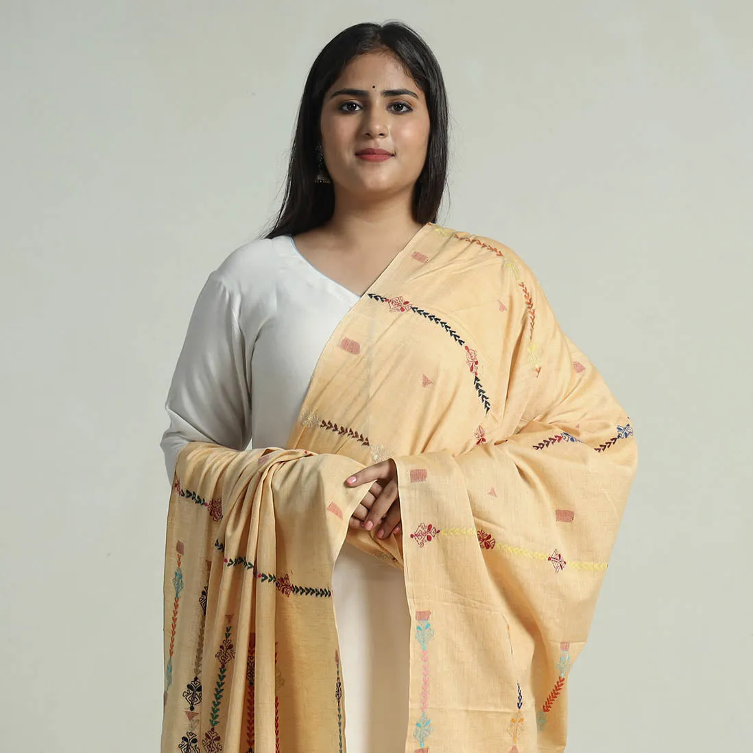 Beige - Bengal Kantha Embroidery Silk Cotton Dupatta 06