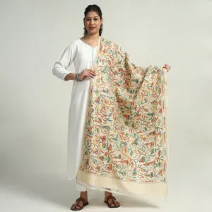 Beige - Bengal Kantha Hand Embroidery Tussar Silk Cotton Handloom Dupatta 14
