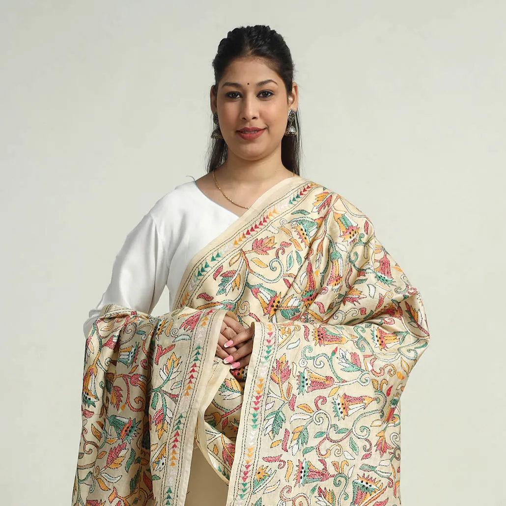 Beige - Bengal Kantha Hand Embroidery Tussar Silk Cotton Handloom Dupatta 14