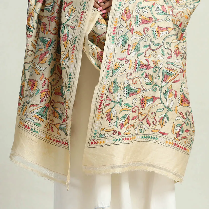 Beige - Bengal Kantha Hand Embroidery Tussar Silk Cotton Handloom Dupatta 14