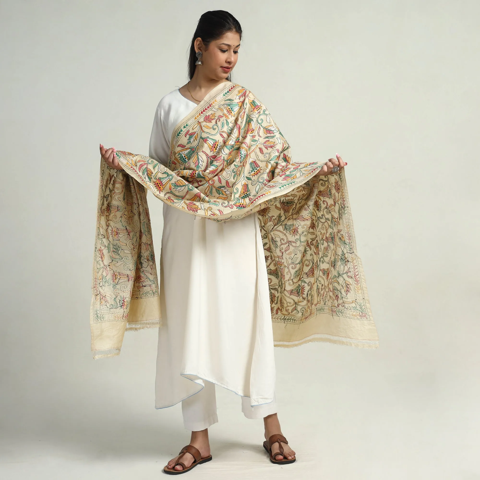 Beige - Bengal Kantha Hand Embroidery Tussar Silk Cotton Handloom Dupatta 14
