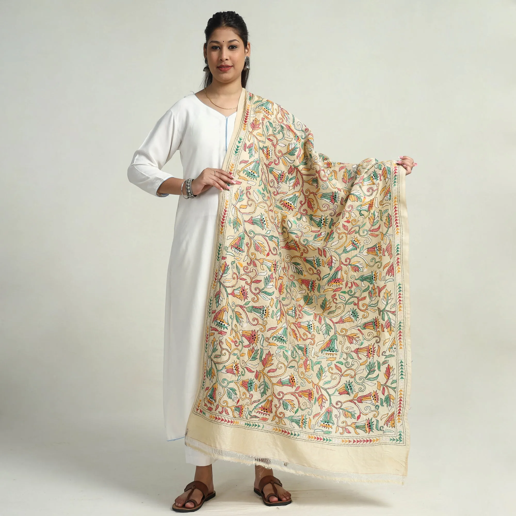 Beige - Bengal Kantha Hand Embroidery Tussar Silk Cotton Handloom Dupatta 14