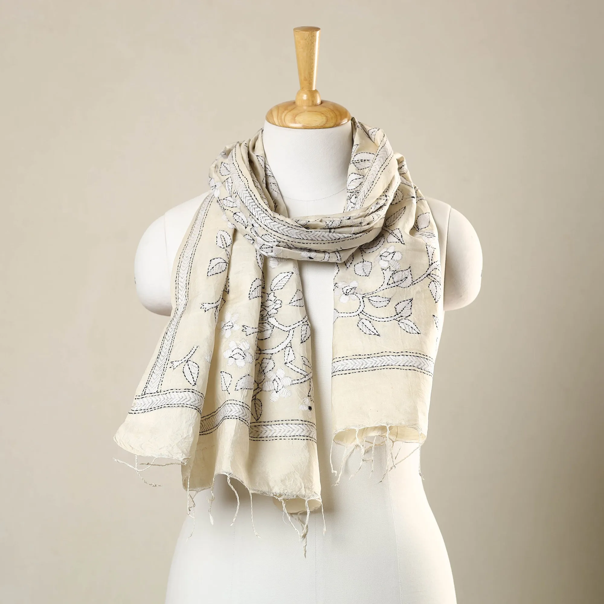 Beige - Exclusive! Bengal Kantha Hand Embroidery Desi Tussar Handloom Stole 46