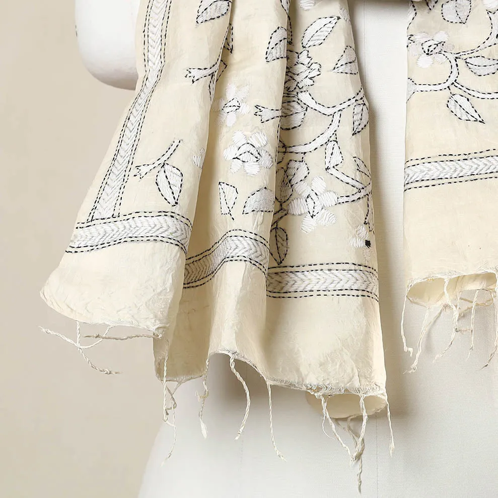 Beige - Exclusive! Bengal Kantha Hand Embroidery Desi Tussar Handloom Stole 46