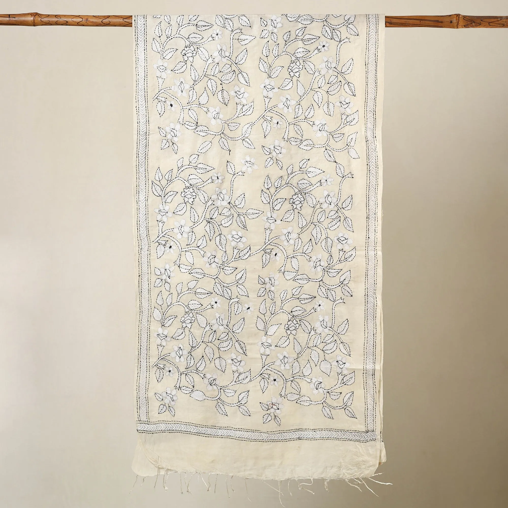 Beige - Exclusive! Bengal Kantha Hand Embroidery Desi Tussar Handloom Stole 46