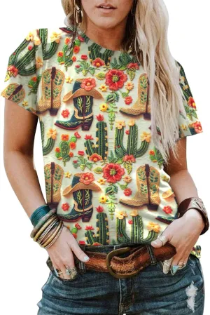 Boho Western Cowgirl Shirts for Women: Vintage Western Rodeo Graphic Tee Cowgirl 3D Digital Printing Short Sleeve Tops