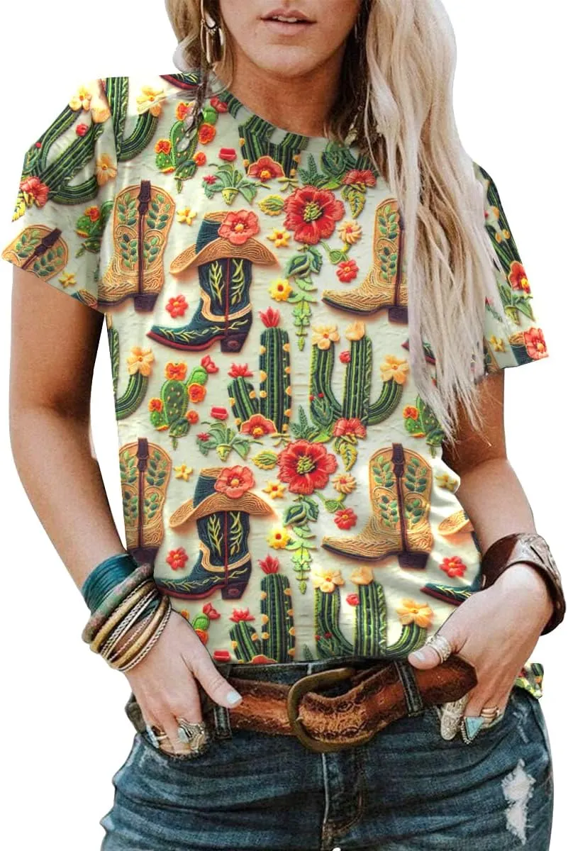 Boho Western Cowgirl Shirts for Women: Vintage Western Rodeo Graphic Tee Cowgirl 3D Digital Printing Short Sleeve Tops