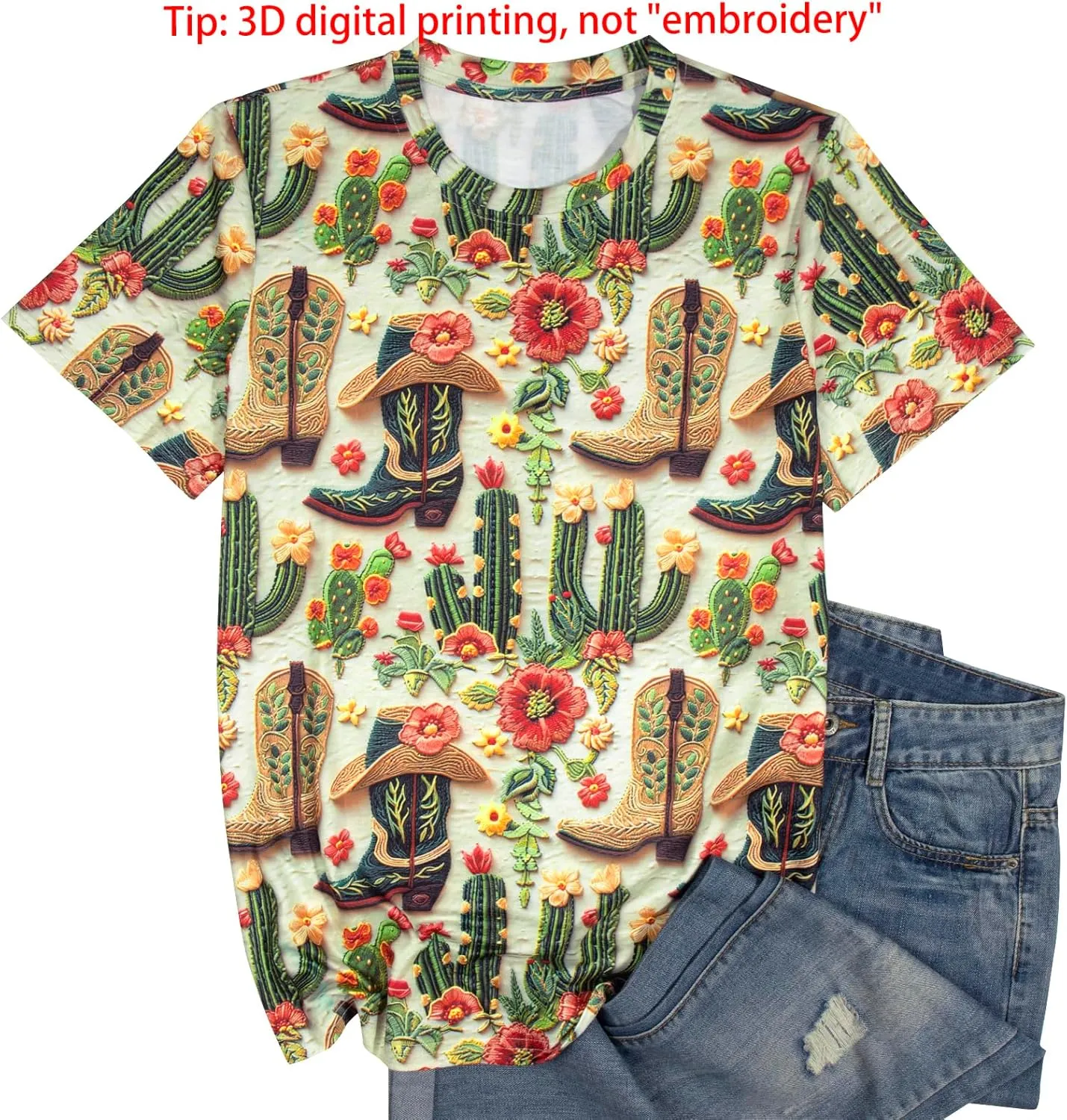 Boho Western Cowgirl Shirts for Women: Vintage Western Rodeo Graphic Tee Cowgirl 3D Digital Printing Short Sleeve Tops