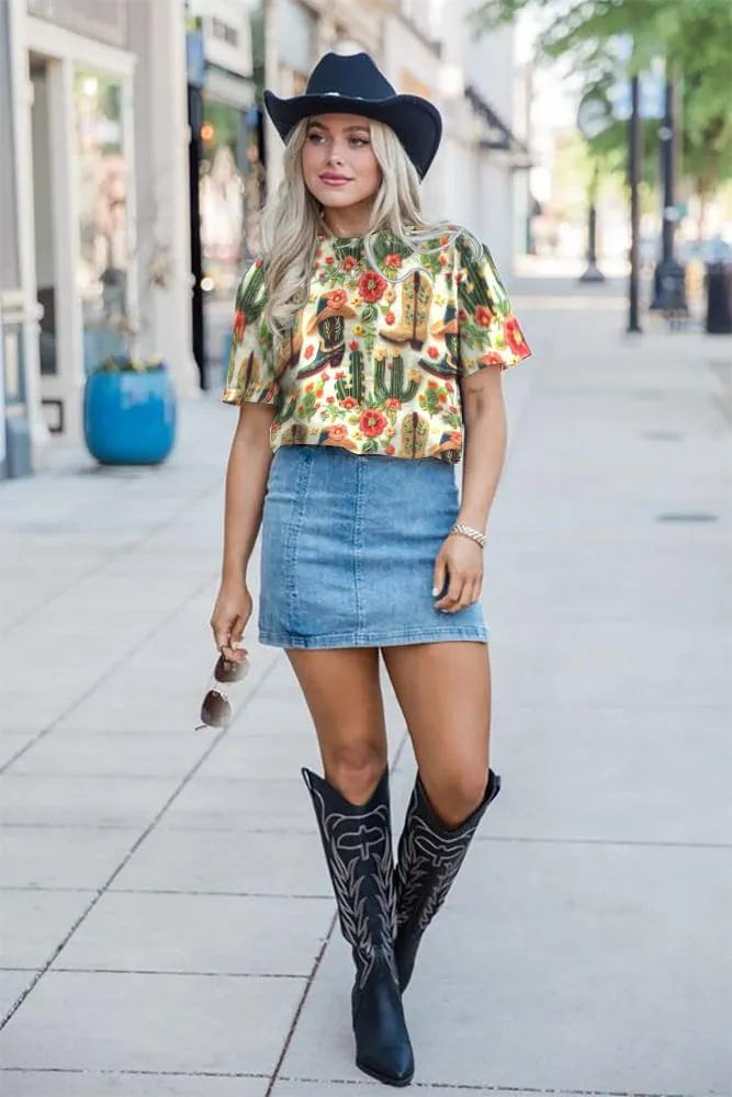 Boho Western Cowgirl Shirts for Women: Vintage Western Rodeo Graphic Tee Cowgirl 3D Digital Printing Short Sleeve Tops