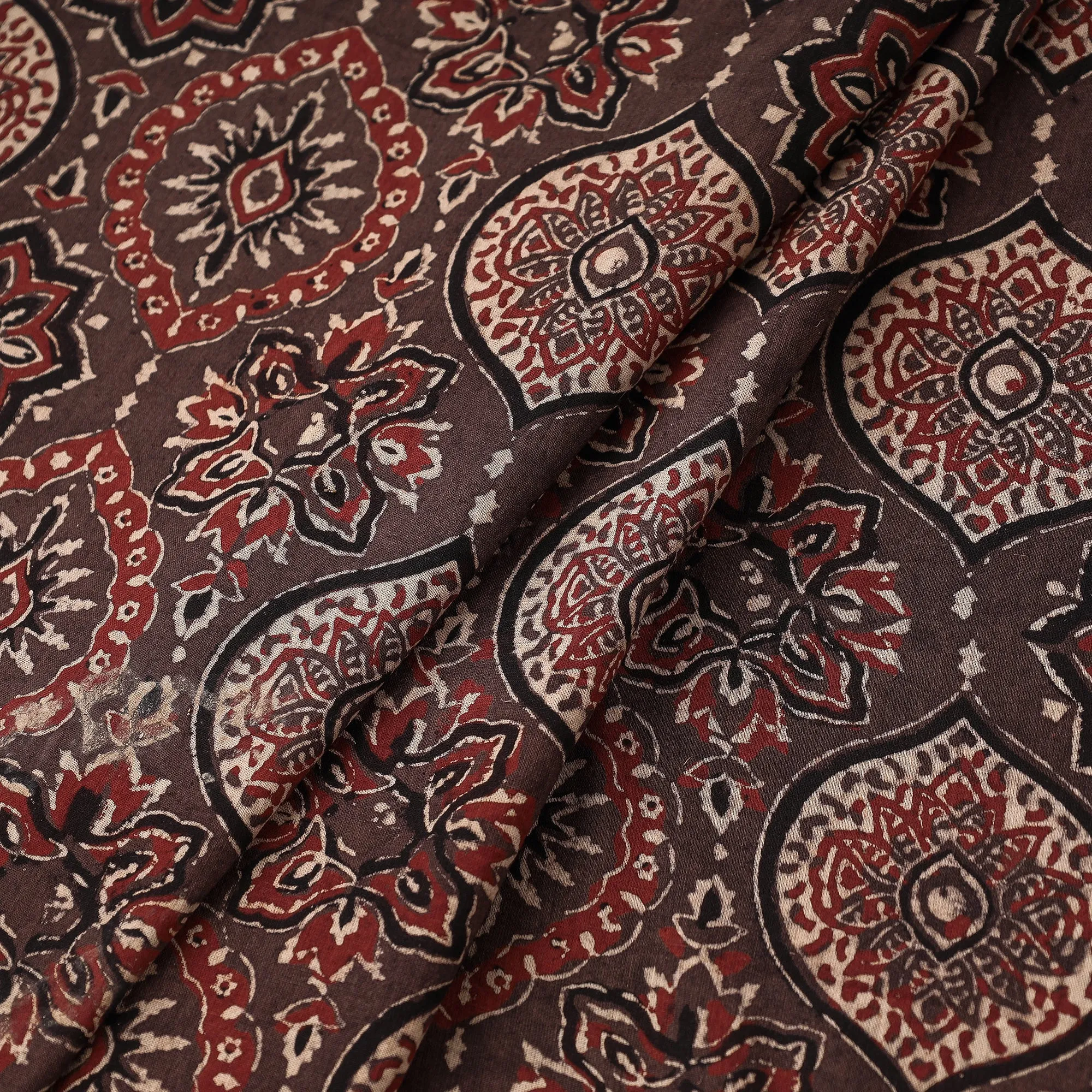 Brown - Damask Pattern Block Print Cotton Ajrakh Fabric 49