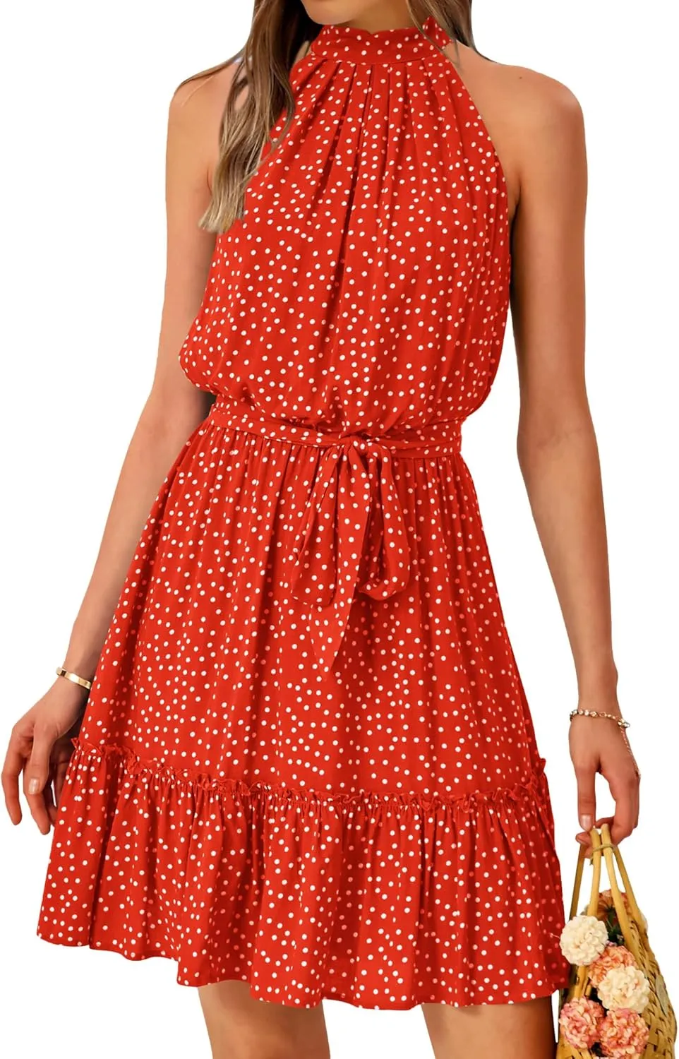BTFBM Women Halter Neck Summer Dresses 2025 Spring Casual Sleeveless Floral Polka Dot Ruffle Mini Boho Beach Sun Dress