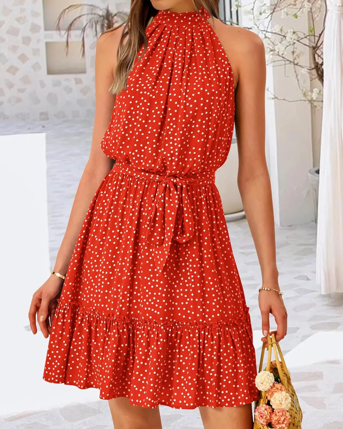 BTFBM Women Halter Neck Summer Dresses 2025 Spring Casual Sleeveless Floral Polka Dot Ruffle Mini Boho Beach Sun Dress