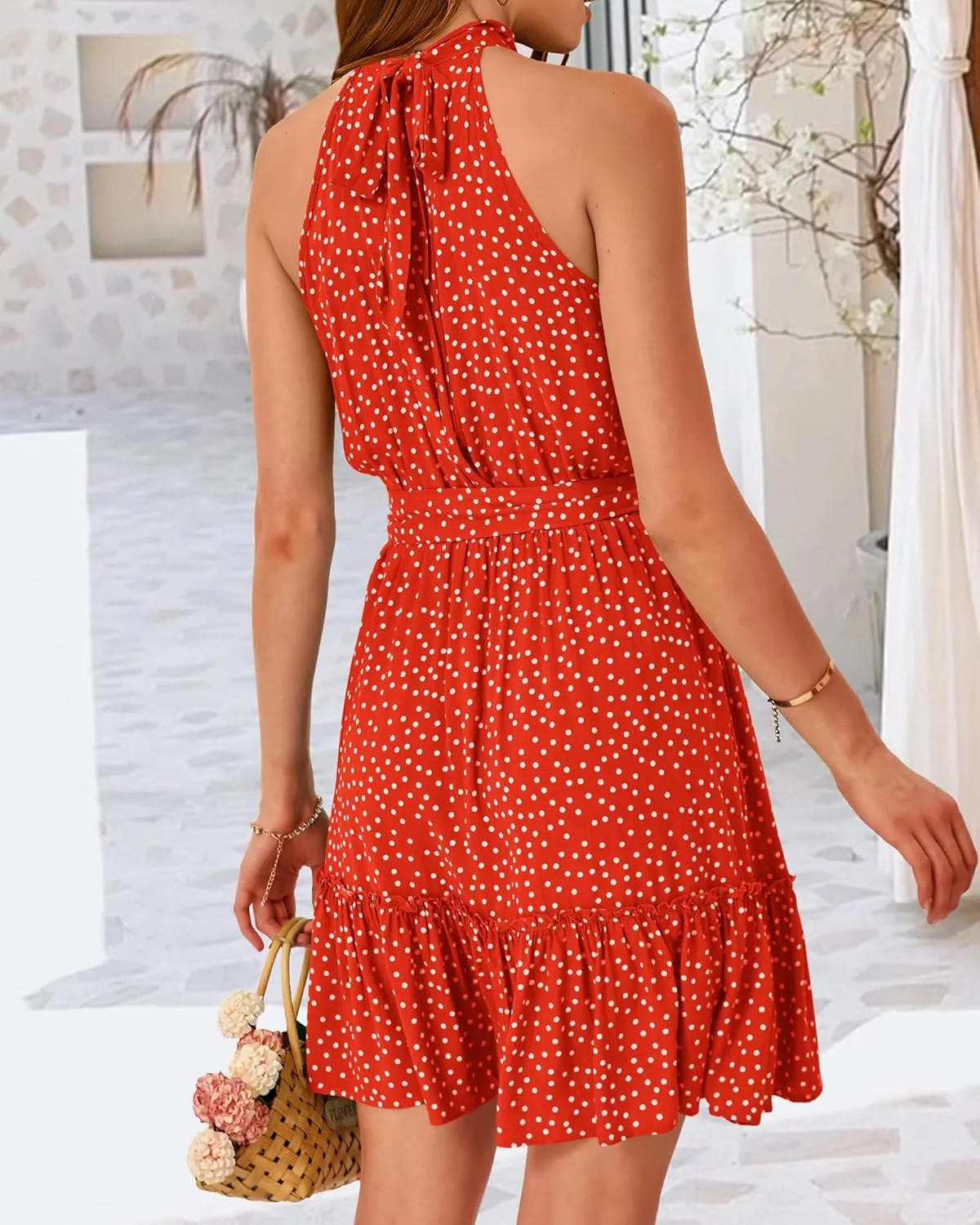 BTFBM Women Halter Neck Summer Dresses 2025 Spring Casual Sleeveless Floral Polka Dot Ruffle Mini Boho Beach Sun Dress