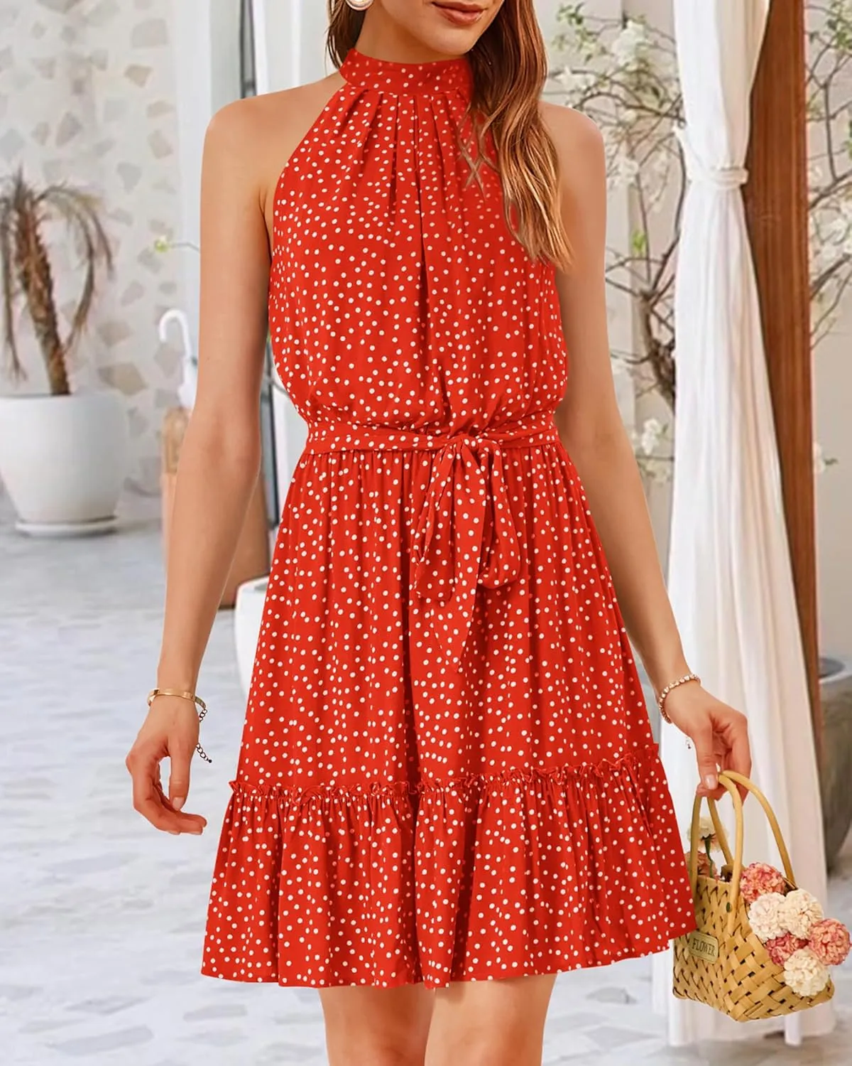 BTFBM Women Halter Neck Summer Dresses 2025 Spring Casual Sleeveless Floral Polka Dot Ruffle Mini Boho Beach Sun Dress