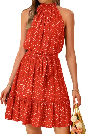 BTFBM Women Halter Neck Summer Dresses 2025 Spring Casual Sleeveless Floral Polka Dot Ruffle Mini Boho Beach Sun Dress
