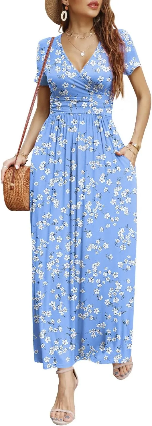 CATHY Women Short Sleeve Deep V-Neck Casual Long Dress Sexy Pleated Waist Maxi Dresses with Pockets