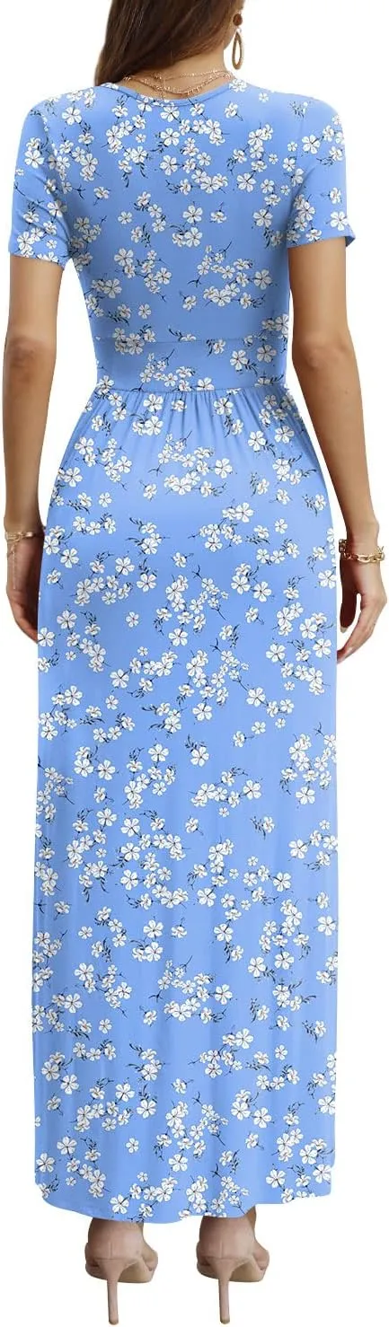 CATHY Women Short Sleeve Deep V-Neck Casual Long Dress Sexy Pleated Waist Maxi Dresses with Pockets