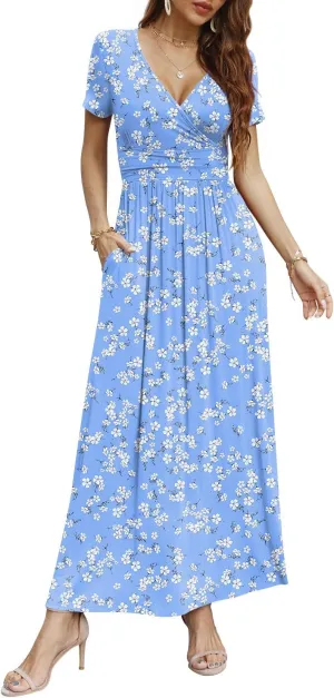 CATHY Women Short Sleeve Deep V-Neck Casual Long Dress Sexy Pleated Waist Maxi Dresses with Pockets