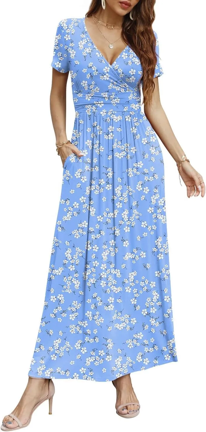 CATHY Women Short Sleeve Deep V-Neck Casual Long Dress Sexy Pleated Waist Maxi Dresses with Pockets
