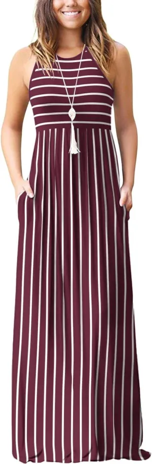 EUOVMY Women's Sleeveless Dress Casual Plain Loose Summer Vacation Long Maxi Dresses with Pockets