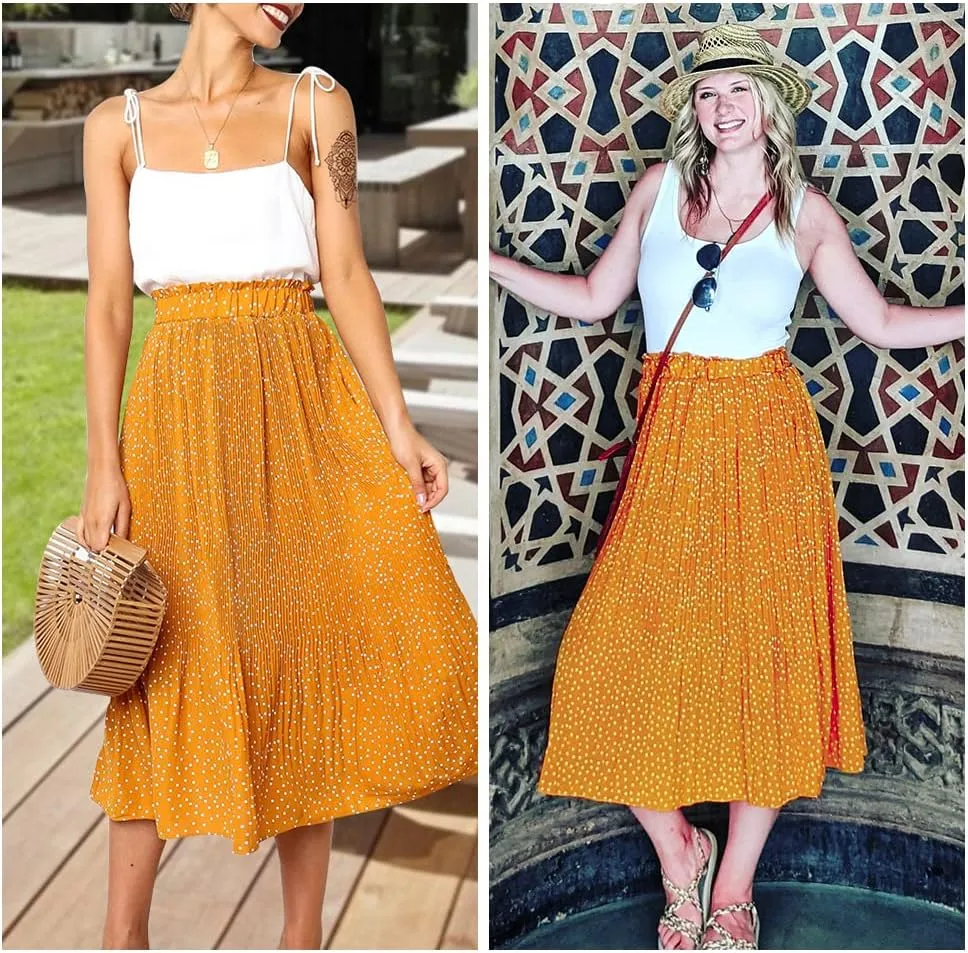 EXLURA Womens High Waist Polka Dot Pleated Maxi Skirt Midi Swing Skirt Beach Vacation Cruise Outfits with Pockets