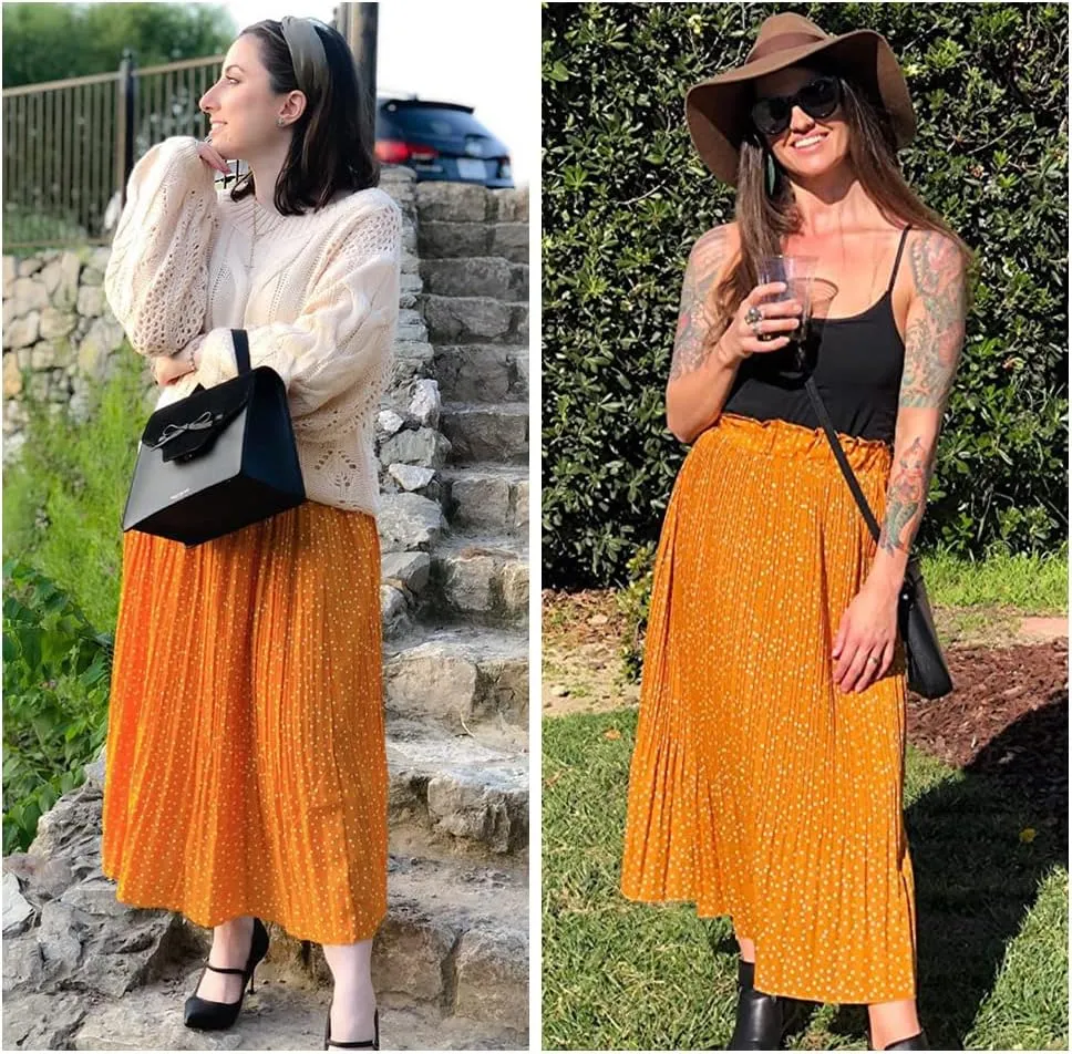 EXLURA Womens High Waist Polka Dot Pleated Maxi Skirt Midi Swing Skirt Beach Vacation Cruise Outfits with Pockets