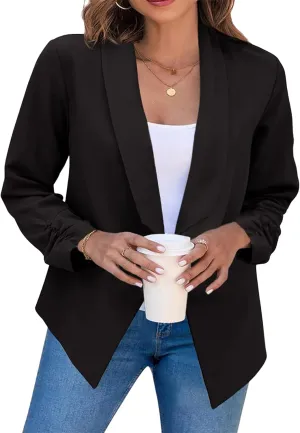 FLITAY Womens Long Sleeve Solid Color Blazer Open Front Elegant Work Jacket Fashion Casual Office Coat