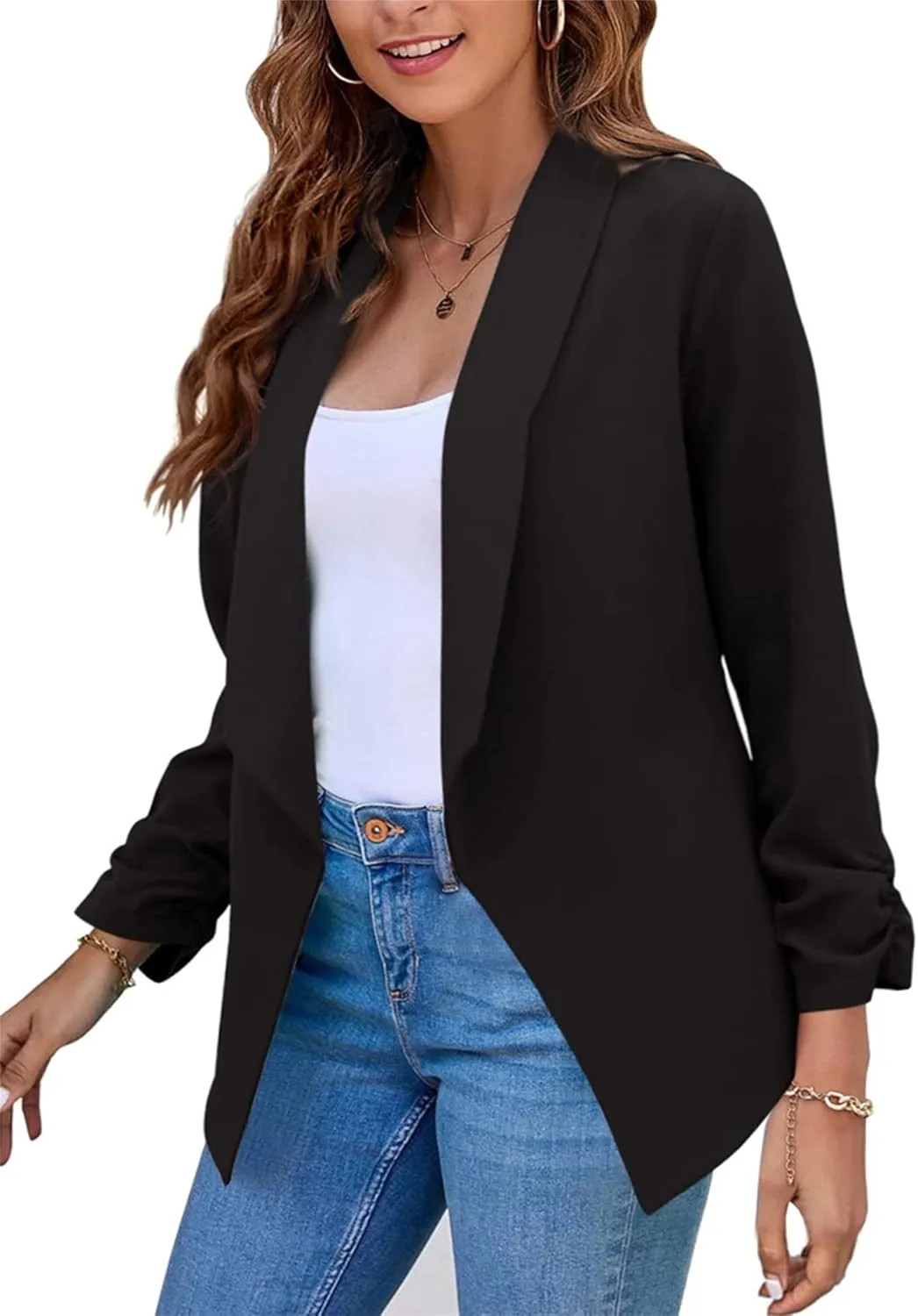 FLITAY Womens Long Sleeve Solid Color Blazer Open Front Elegant Work Jacket Fashion Casual Office Coat
