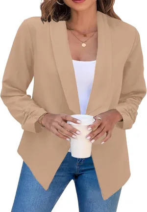 FLITAY Womens Long Sleeve Solid Color Blazer Open Front Elegant Work Jacket Fashion Casual Office Coat