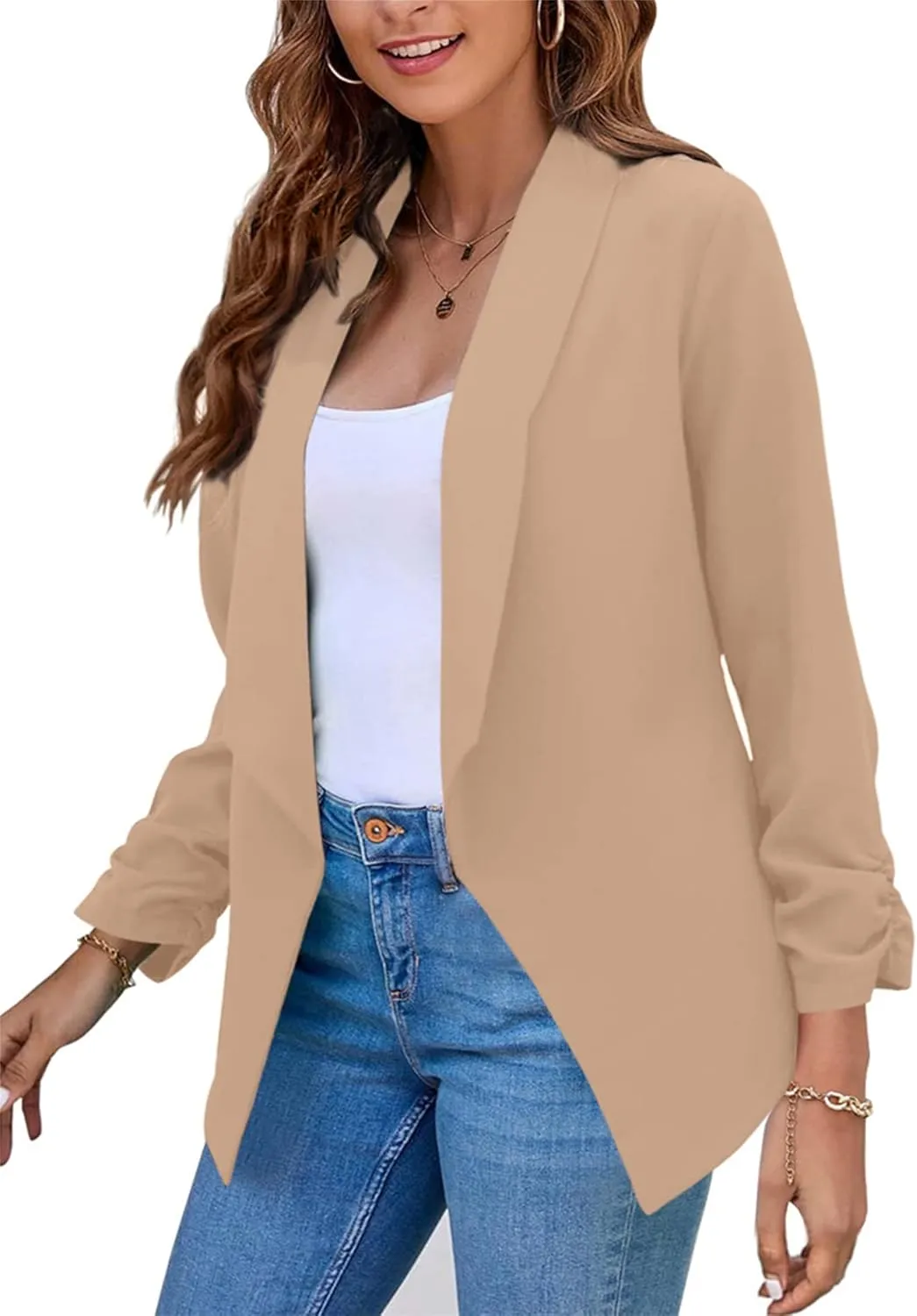 FLITAY Womens Long Sleeve Solid Color Blazer Open Front Elegant Work Jacket Fashion Casual Office Coat