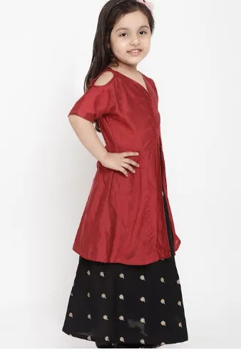 Girl's Maroon & Black Solid Top With Skirt - Bitiya By Bhama
