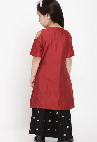 Girl's Maroon & Black Solid Top With Skirt - Bitiya By Bhama
