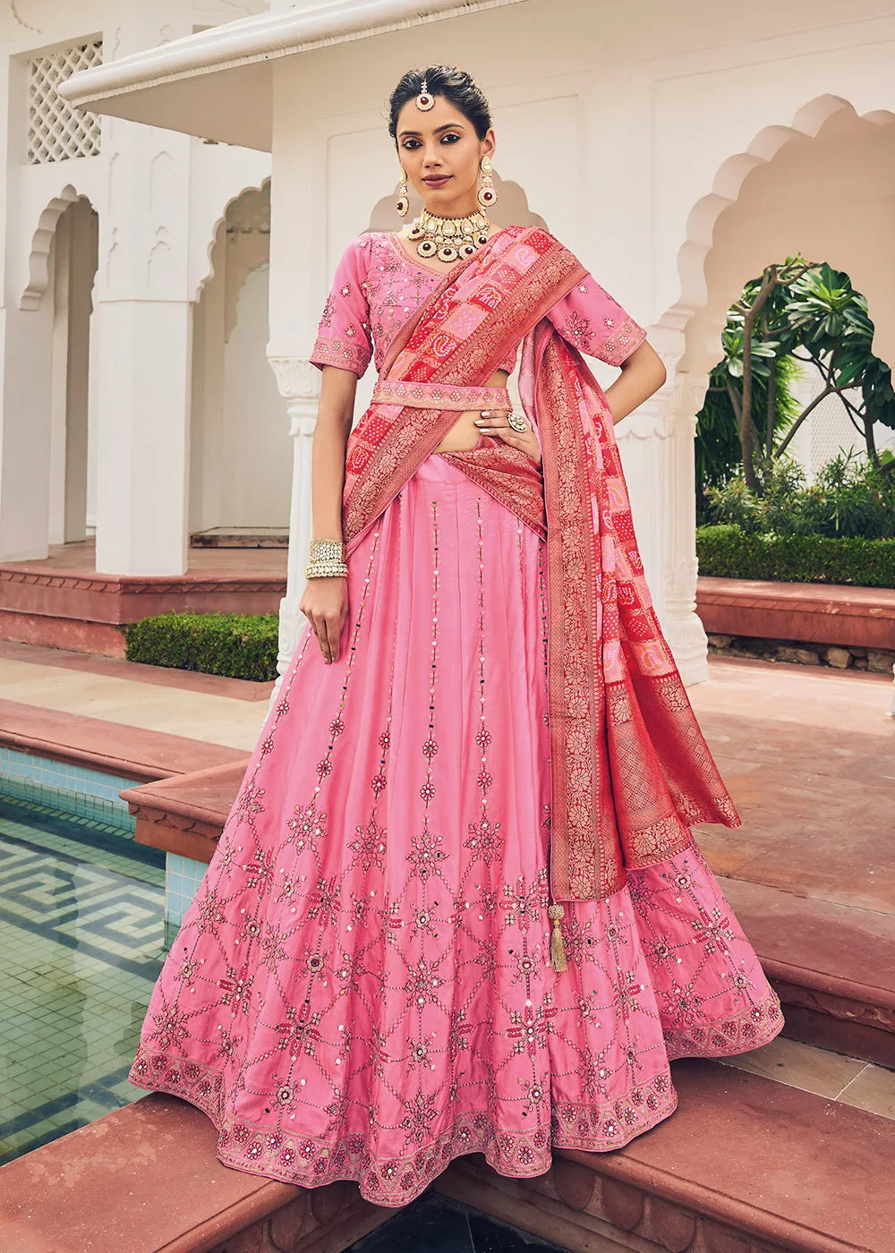 Gorgeous Pink Viscose Silk Traditional Bridal Lehenga Choli