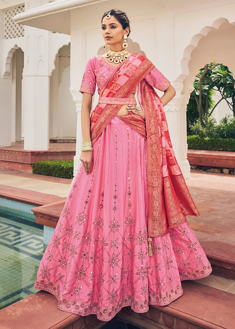 Gorgeous Pink Viscose Silk Traditional Bridal Lehenga Choli