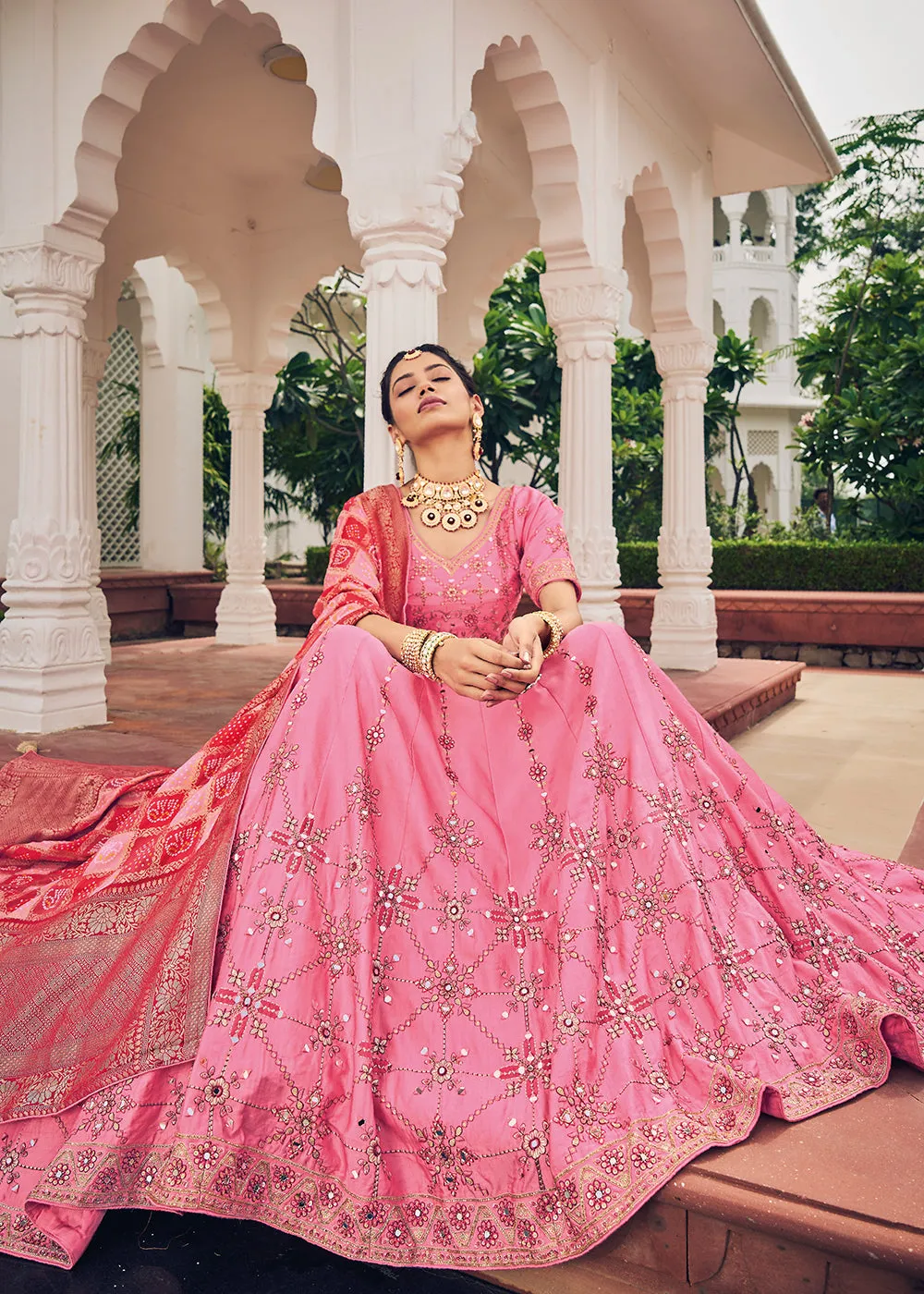 Gorgeous Pink Viscose Silk Traditional Bridal Lehenga Choli