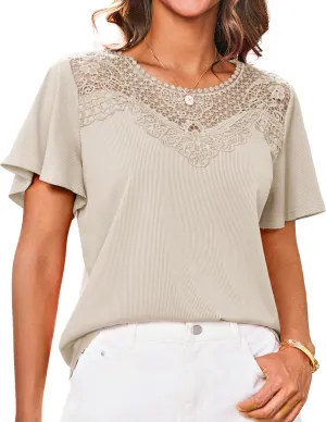 GRACE KARIN Womens Summer Tops Ruffle Sleeve 2025 Trendy Lace Floral Crew Neck Ribbed T Shirts Dressy Casual Blouses