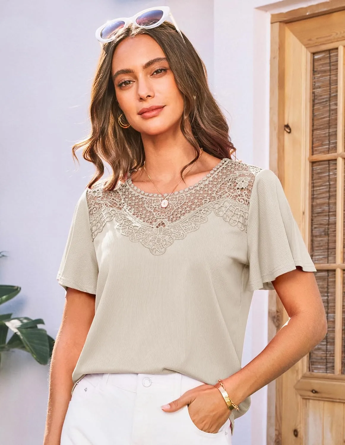 GRACE KARIN Womens Summer Tops Ruffle Sleeve 2025 Trendy Lace Floral Crew Neck Ribbed T Shirts Dressy Casual Blouses