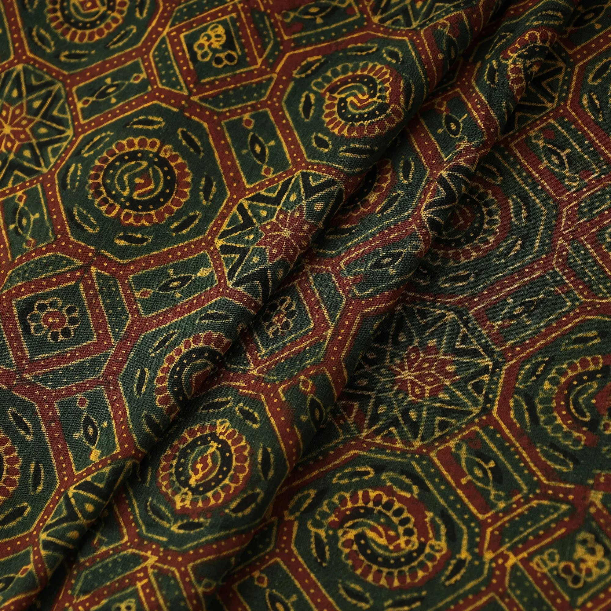 Green - Geometric Octagon Pattern Block Print Cotton Ajrakh Fabric 48