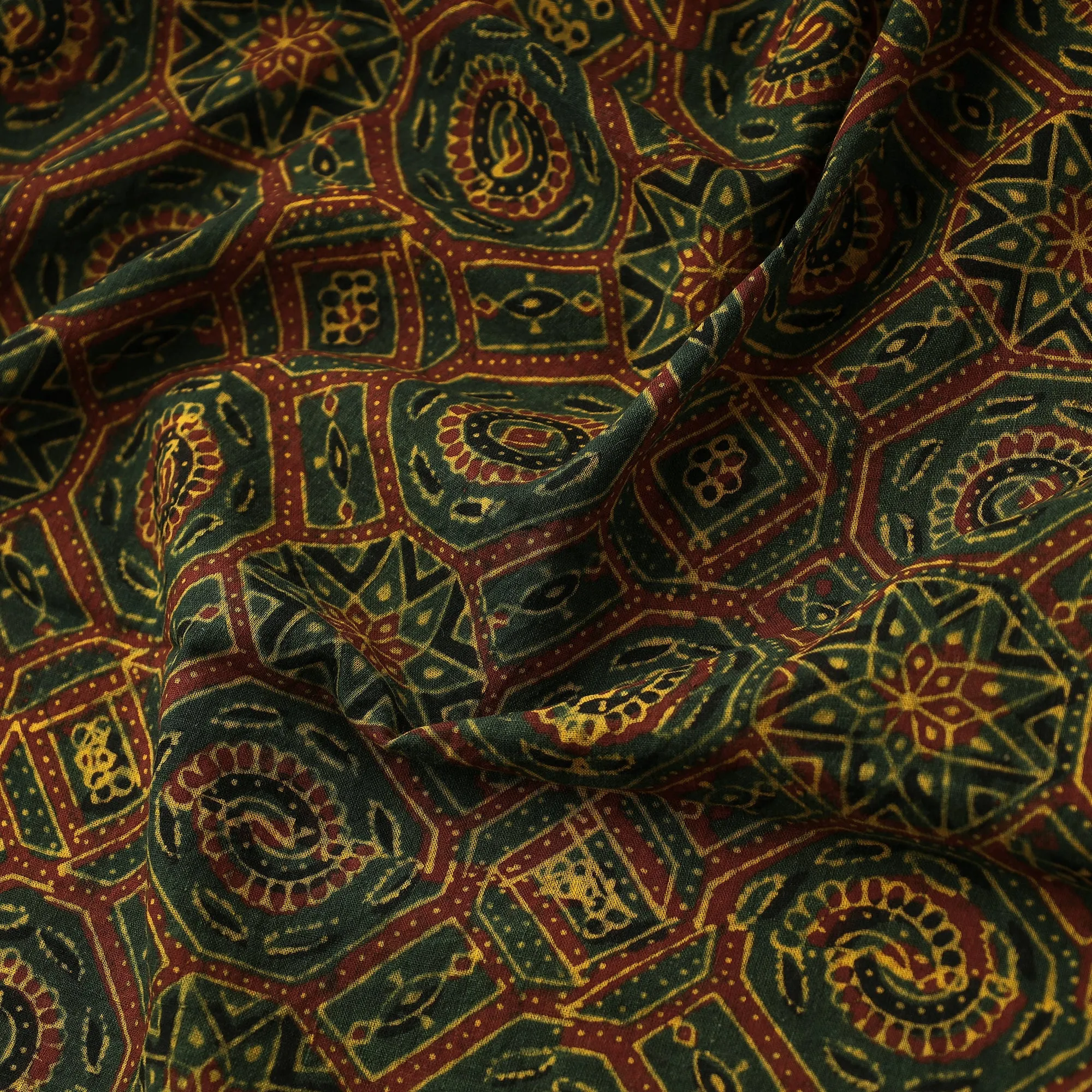Green - Geometric Octagon Pattern Block Print Cotton Ajrakh Fabric 48