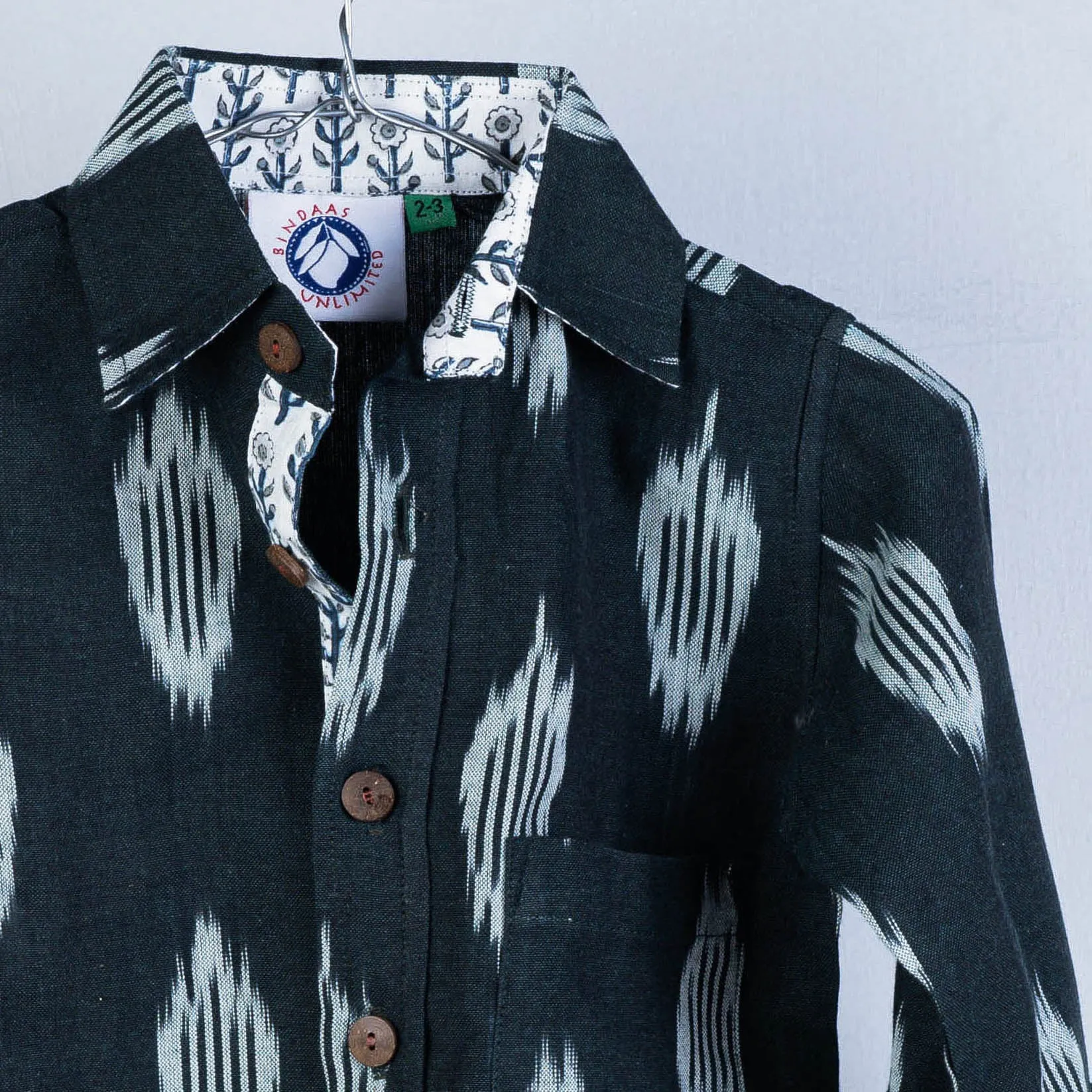 Green - Ikat Weave Cotton Full-Sleeve Kids Shirt