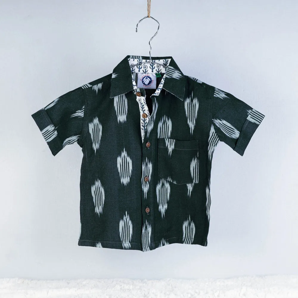 Green - Ikat Weave Cotton Half-Sleeve Kids Shirt