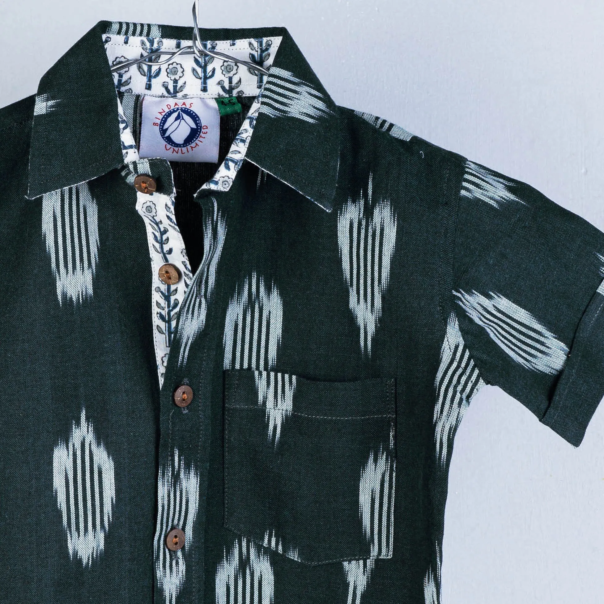 Green - Ikat Weave Cotton Half-Sleeve Kids Shirt