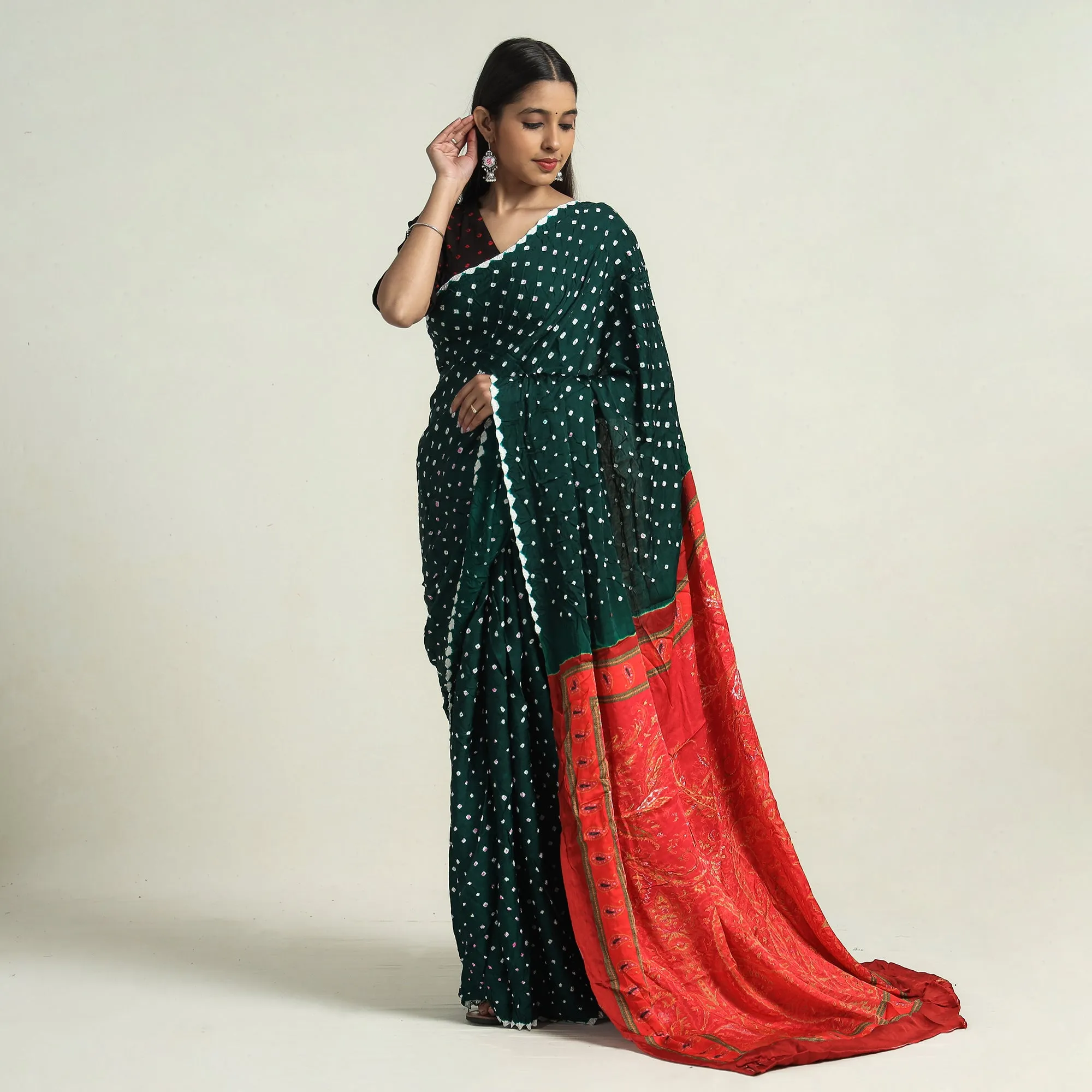 Green - Kutch Bandhani Tie-Dye Modal Silk Pichwai Printing Saree