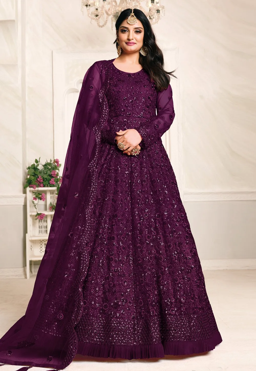 Inviting Purple Net Embroidered Abaya Style Anarkali Suit