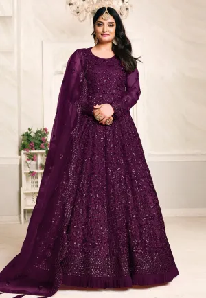 Inviting Purple Net Embroidered Abaya Style Anarkali Suit