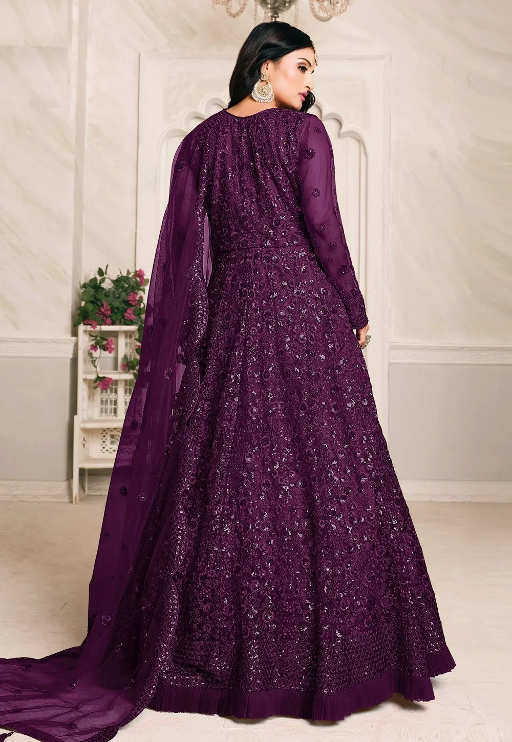 Inviting Purple Net Embroidered Abaya Style Anarkali Suit